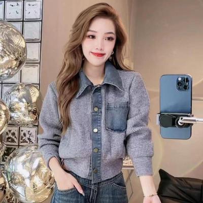 Cardigan Female 2023 Autumn Denim Spliced Short Coat Women Fashion Multi Element Western Slim and Versatile Coat Female Top
