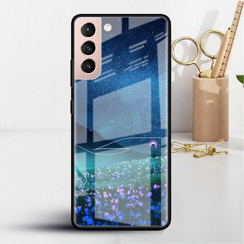 Glass Case For Samsung Galaxy S22 S20 FE S21 5G S10 S9 Plus Note 10 20 Lite Tempered Phone Cover Star Cloud