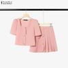 ZANZEA Women Casual Short Sleeve Blouse and Short Skirts Elegant Two Piece Suit Sets