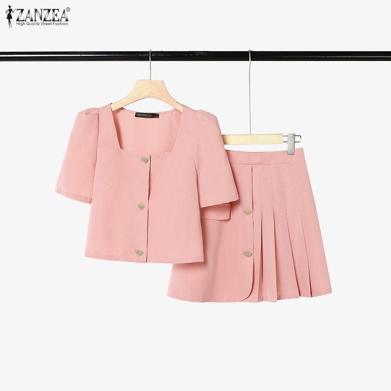 ZANZEA Women Casual Short Sleeve Blouse and Short Skirts Elegant Two Piece Suit Sets