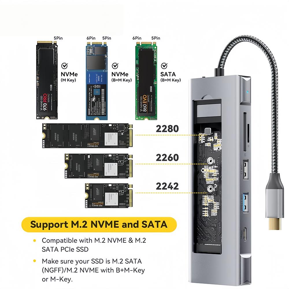 8-in-1 M.2 SSD HUB USB C Docking Station with Disk Storage Function SSD Enclosure HDMI 4K60Hz USB 3.2 10Gbps Hub For PC Laptop