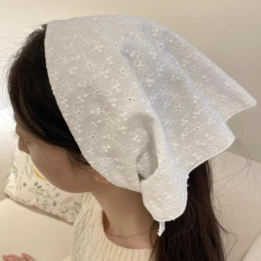 White Flower Vine Triangular Scarf for Women Solid Color Headscarf Trend Elegant Headwear for Female Girls Y2K INS Summer