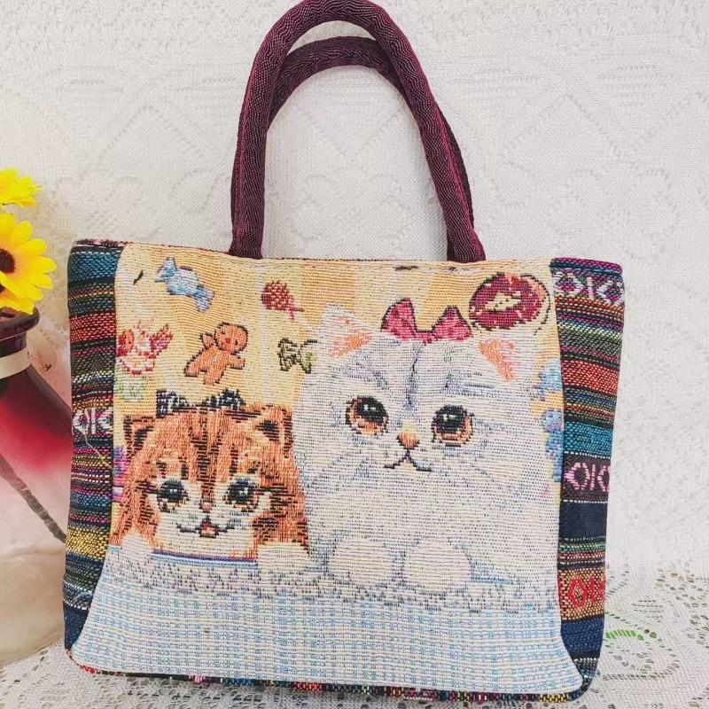 Canvas bag, women's large-capacity double-sided embroidered animal handbag, mommy bag, go shopping, handbag
