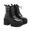 Fashion 2025 Women Ankle Boots Platform Square High Heel Ladies Motorcycle Boots Patent PU Leather Side Zipper Women Lace Up Boot Black