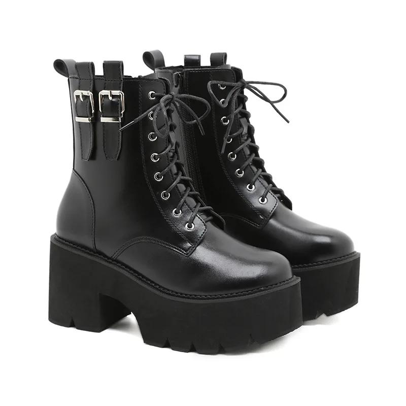Fashion 2025 Women Ankle Boots Platform Square High Heel Ladies Motorcycle Boots Patent PU Leather Side Zipper Women Lace Up Boot Black