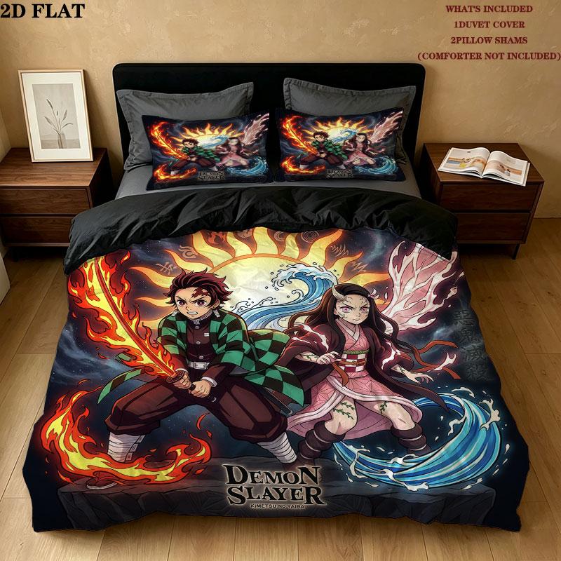 Set Copripiumino Trapuntato con Fantasia Demon Slayer Federa Cuscino Regalo di Compleanno per la Casa(1 * copripiumino + 2 * federa, senza nucleo)