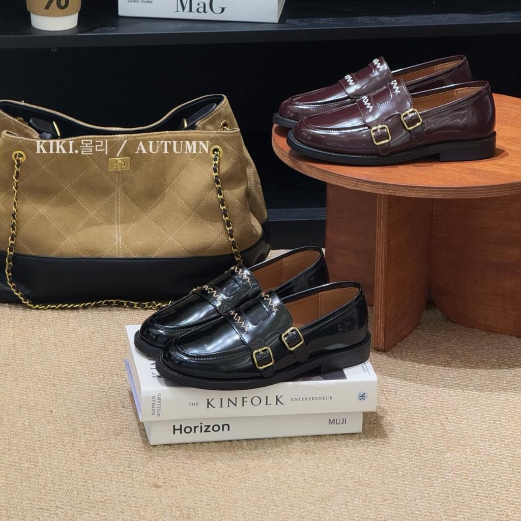 Spring and autumn new brown round head retro belt buckle deep mouth lazy shoes temperament versatile one-pedal loafers women