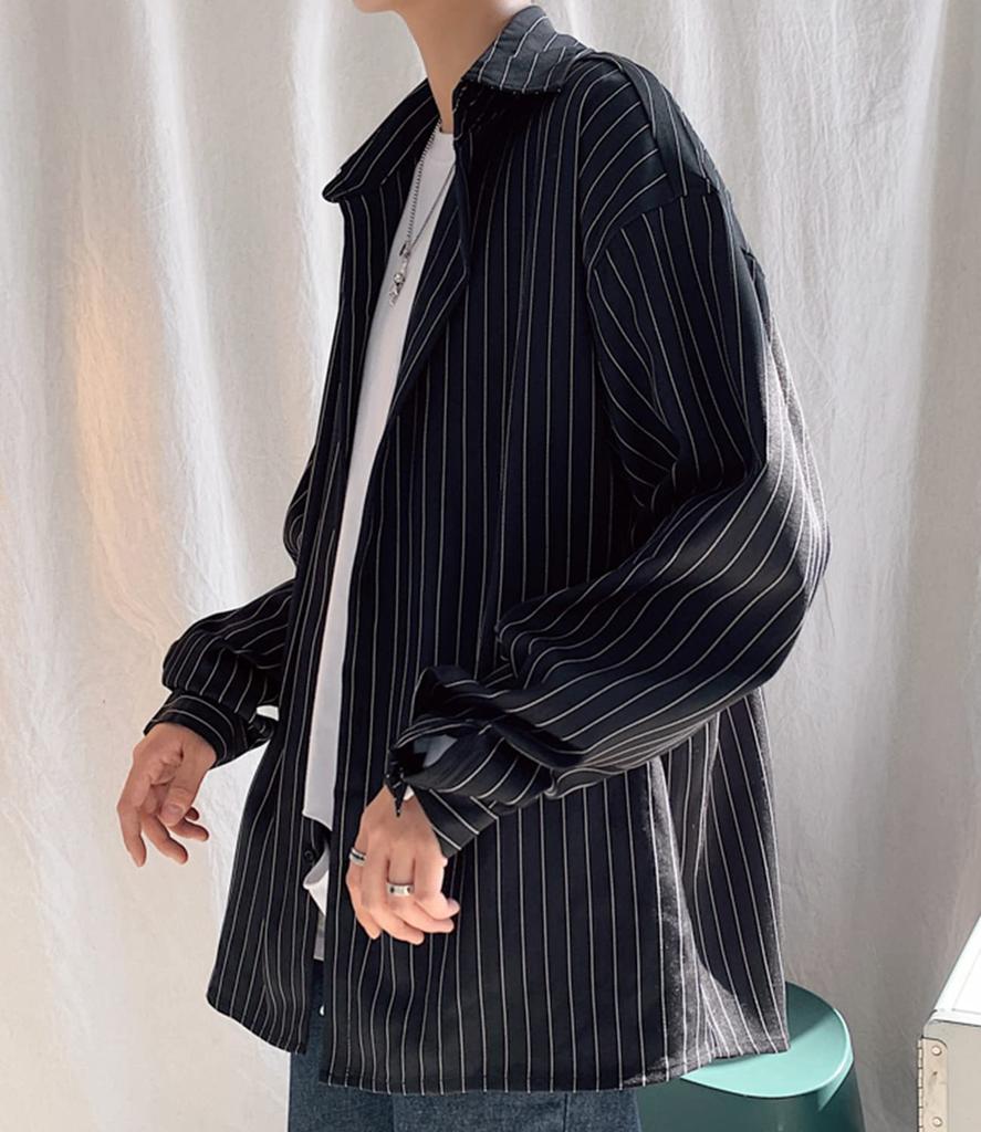 Exclusive Long Sleeve Dress Striped Sizes Loose Drop [Amazon Brand] Men's Shirt, Button-Down, L-5XL, Spring/Autumn, Fit, Casual, Soft, Simple,