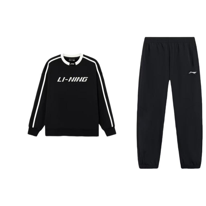 

Li-Ning Принт логотипа, свободный пуловер с круглым вырезом и приспущенным плечом, толстовка с длинным рукавом, эластичные брюки со средней посадкой, повседневный спортивный комплект AYKT415-1+AWDU917-1 S
