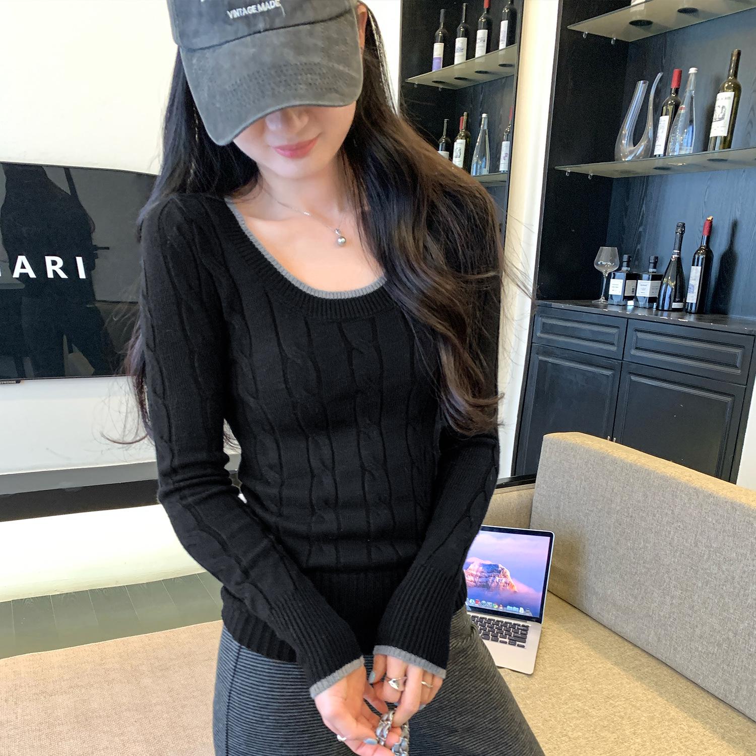 Korean Style Cable Knit Waist-Cinching Sweater Top for Women - Winter Collection Large чёрный