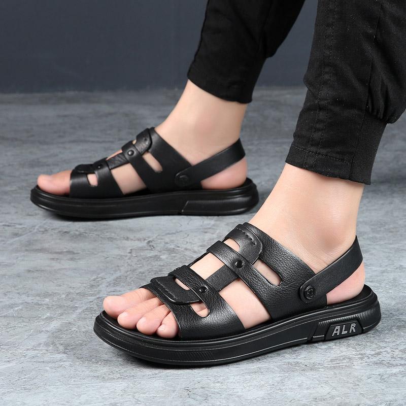 Herren Sandalen Einfarbig Echtes Leder Herren Sommer Lässig Bequem Offene Zehen Sandale Weiches Strandschuhwerk Männlich 2025 Herren Hausschuhe
