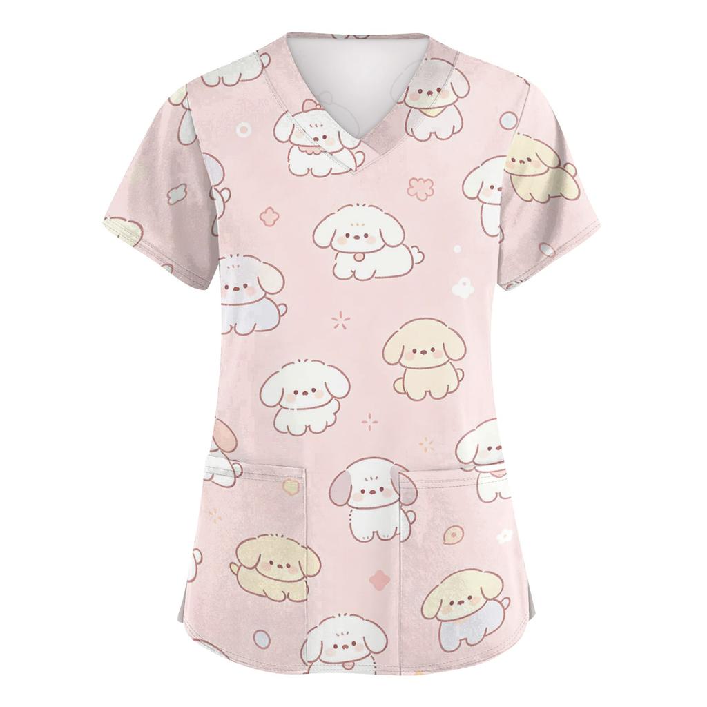 Women's V Neck Short Sleeve Work Top with Pockets Animal Print Medical Uniform Scrub Shirt for Healthcare Professionals Nursing Staff