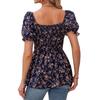 Women Summer Casual Square Neck Smocked Puff Sleeve Floral Blouse For Vacation