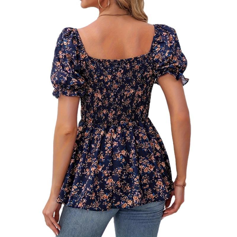 Women Summer Casual Square Neck Smocked Puff Sleeve Floral Blouse For Vacation