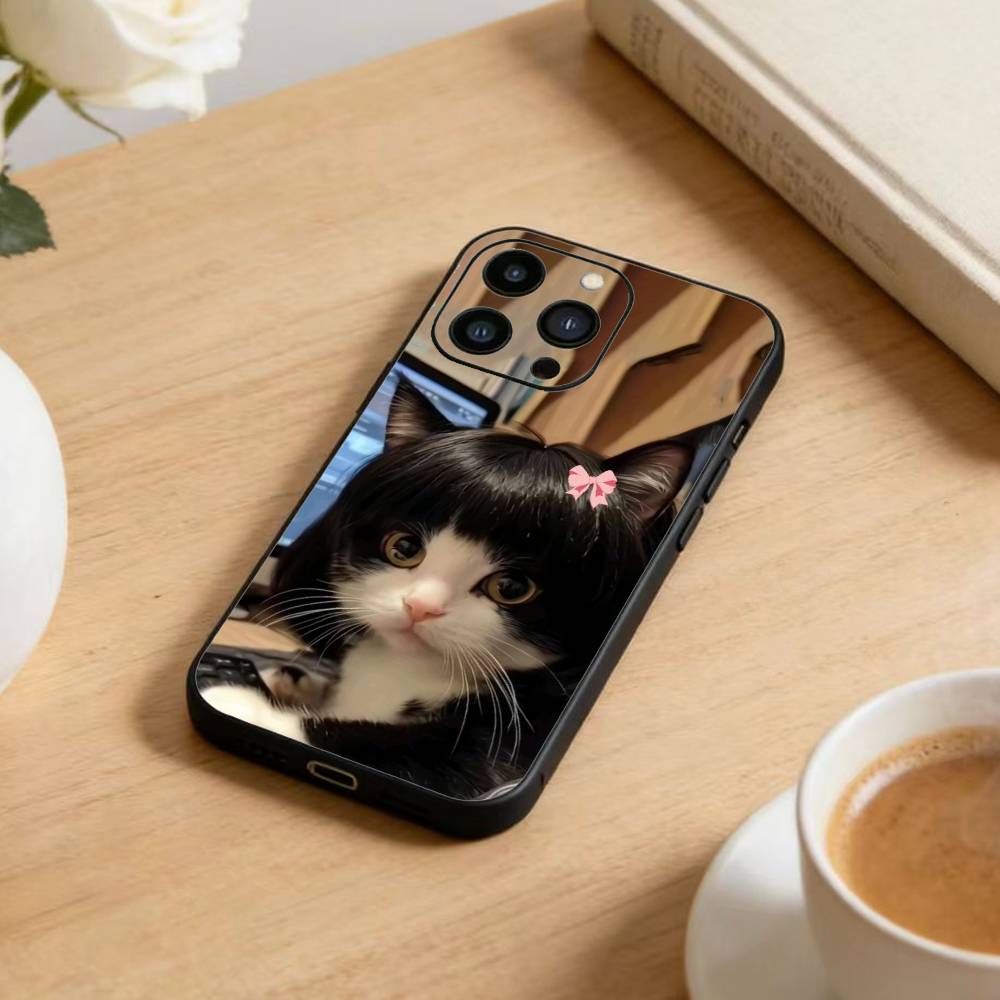 Funny Cute Cat  Phone Case For iPhone 17 16 15 14 13 12 Max Plus Silicone Black Cover