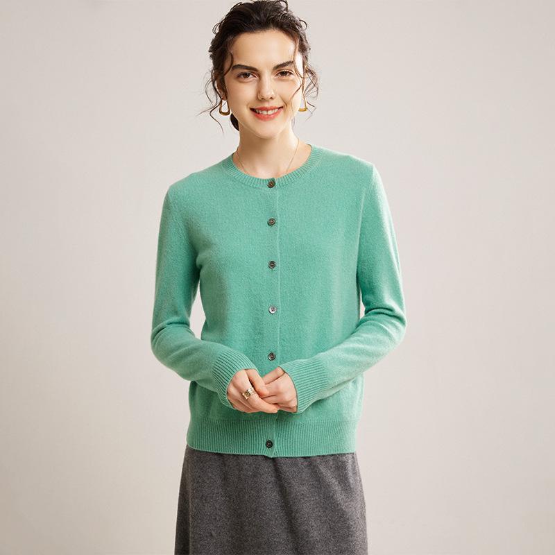 Mengyi Women's Pure Cashmere Round Neck Cardigan - Solid Color, Loose Fit, Warm Knit Outerwear for Spring/Autumn