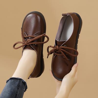 Sapatos pequenos de couro femininos de couro simples casuais femininos de cadarço sapatos únicos sapatos de mãe superfície macia sola macia fundo plano
