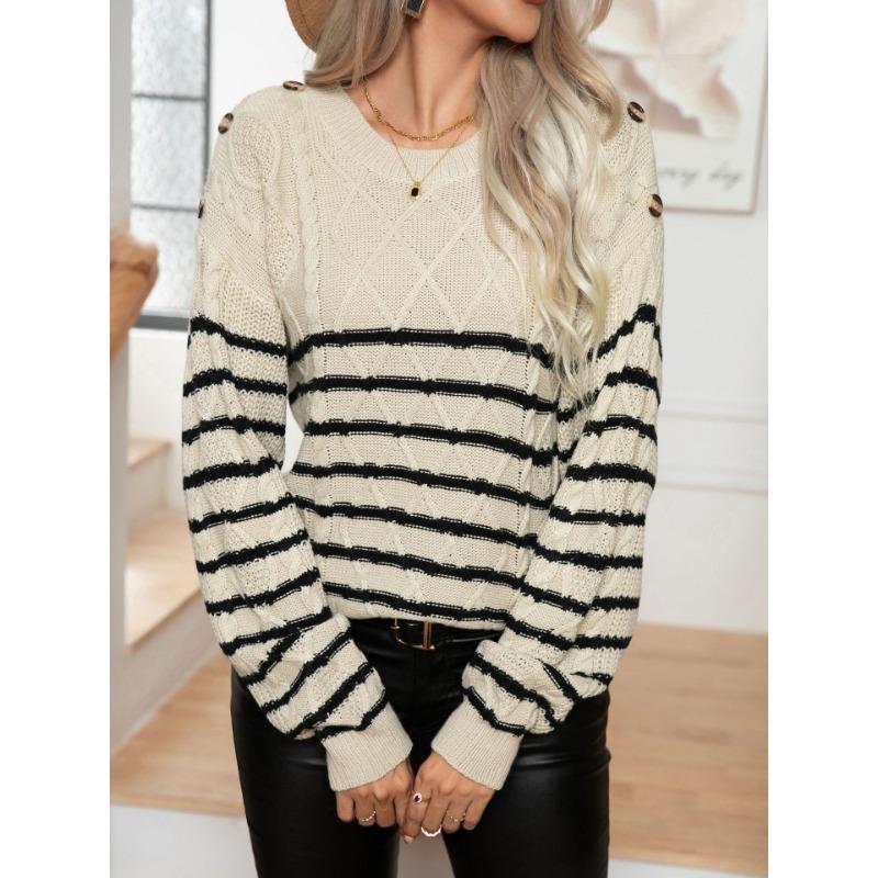 Autumn and Winter Women's Sweater Striped Button Twisted Twist Vintage Long Sleeve Knitwear Pullover Sweater