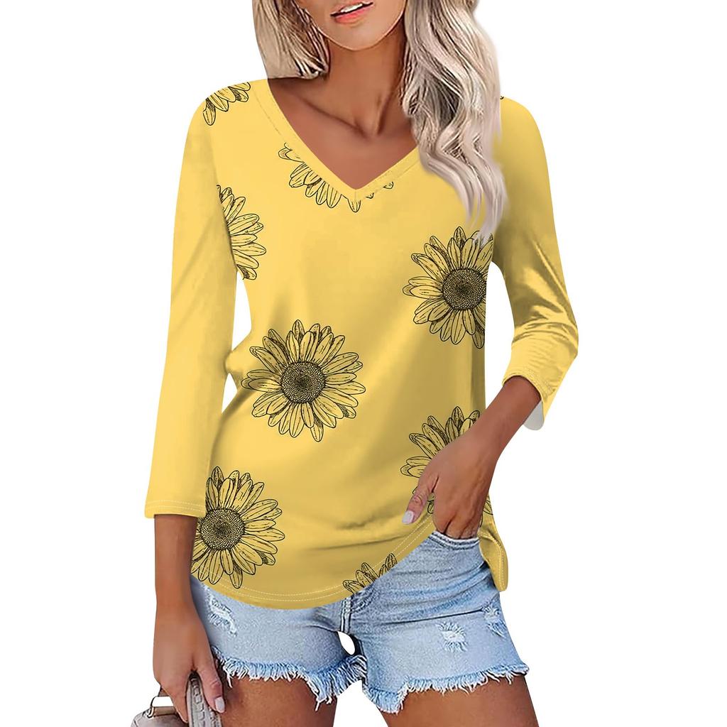 Women's Fashion Casual V Neck 3/4 Sleeve Loose Printed T-Shirt Ladies Top