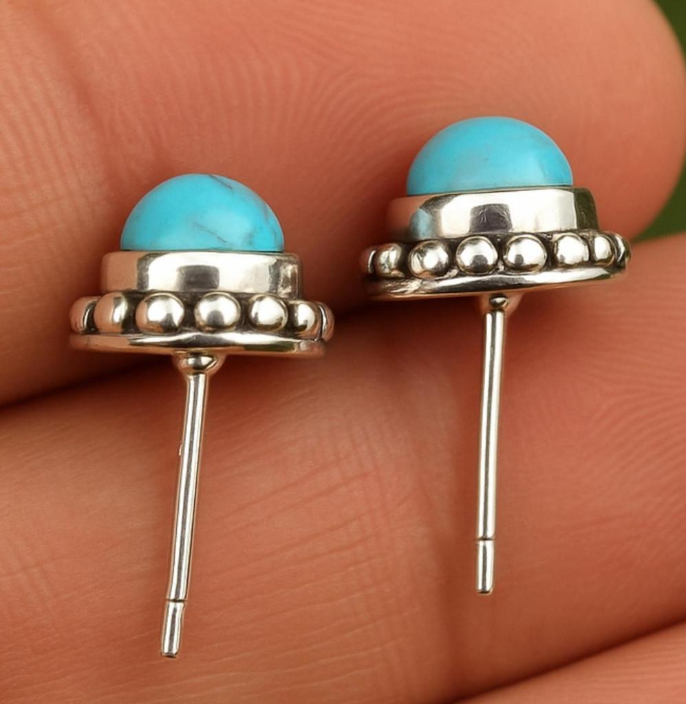 Orecchino a Bottone Turchese, Argento Sterling Massiccio 925, Orecchino con Pietra Preziosa, Regalo Boho, Orecchini per Donna