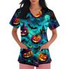 Women V Neck Short Sleeve Printed Scrub Top with Pockets and Side Slits for Work Uniforms Holiday Theme