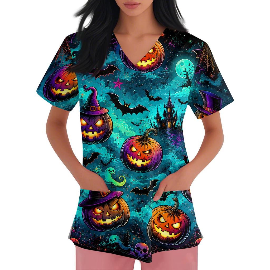 Women V Neck Short Sleeve Printed Scrub Top with Pockets and Side Slits for Work Uniforms Holiday Theme