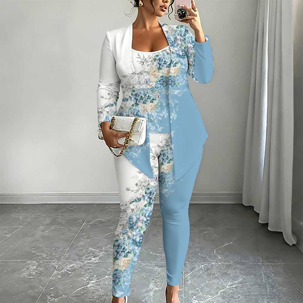 Plus Size Flower Print 3 Piece Outfit, Long Sleeve Open Front Cardigan Cami Top Leggings Set for Women