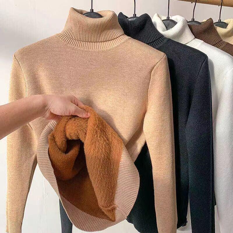 Zimní svetr s rolákem Dámský pletený svetr Tenké topy Elegantní tlustý sametový podšitý teplý svetr Jersey pletený svetřík