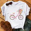 Spring Summer Ladies Floral Bicycle Pattern Fashion Cartoon Print White Letter T-shirt Woman Clothes T Shirt Tops Tee Graphic