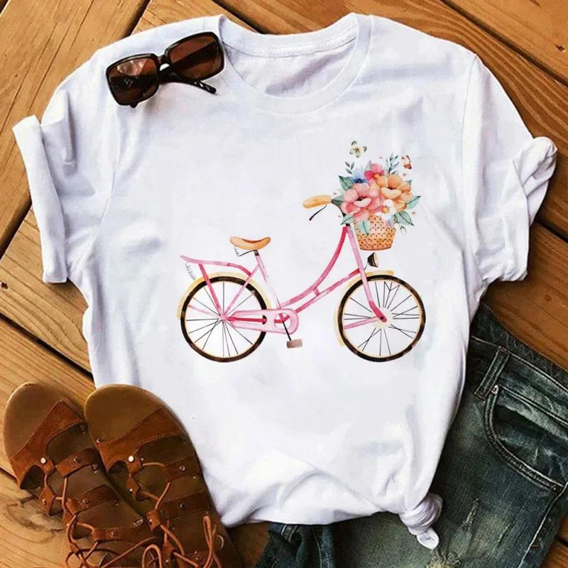 

White Summer Ladies Floral Bicycle Pattern Fashion Cartoon Print Letter Tshirt Women Clothes Oversized T Shirt Tops Tee S