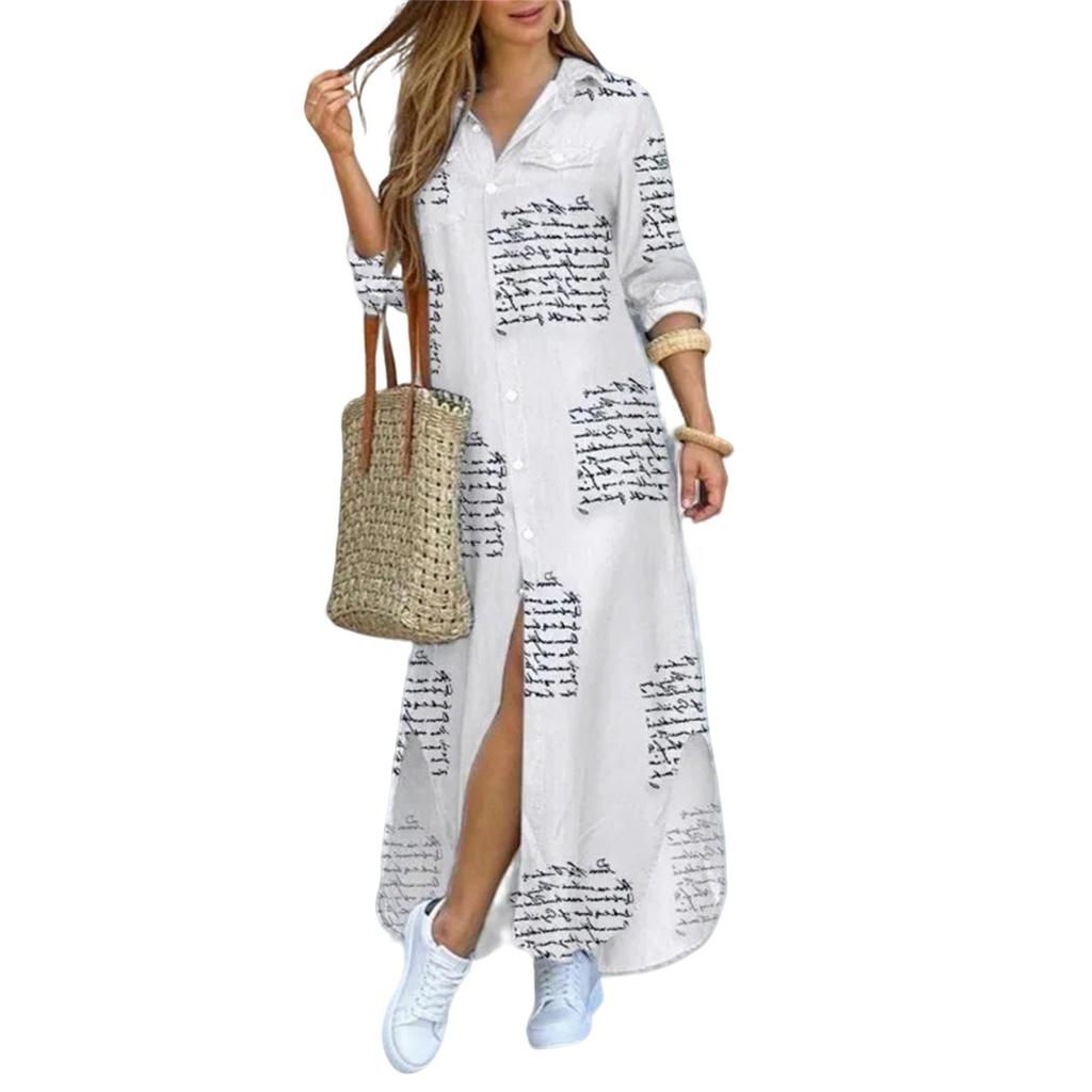 Shirt Dresses For Women Sexy Casual Print Long Sleeve Blouses Loose Slit Maxi Dresses Button Down