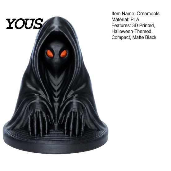 Mini 3D Printed Figures Halloween Cloaked Ghost Figurine with Red Eyes, Matte PLA Material Crafts Black Gothic Ornament for Desk Cabinet Escape