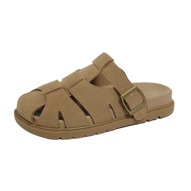 Fashion 2025 New Flock Shoes Ladies' Slippers Low Heels Summer Woman Cover Toe Low Platform Beach Fabric Rome Rubber