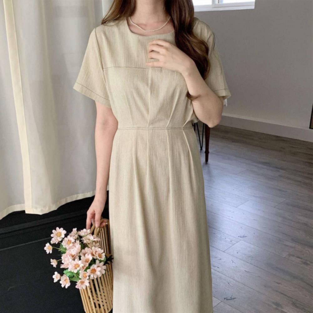 New Arrivals Open Run Women Pin Tuck Long Dress Classic Linen Short Sleeve Aline