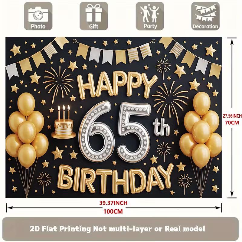 2D Black & Gold 65th Birthday Backdrop, Classic Themed 65th Birthday Photography Background