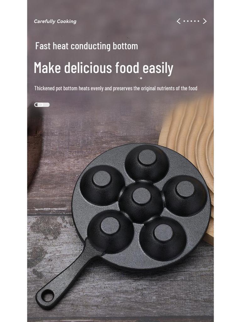 Cast Iron Six-Hole Takoyaki Pan with Handle, Non-Coated, Multifunctional Non-Stick Griddle