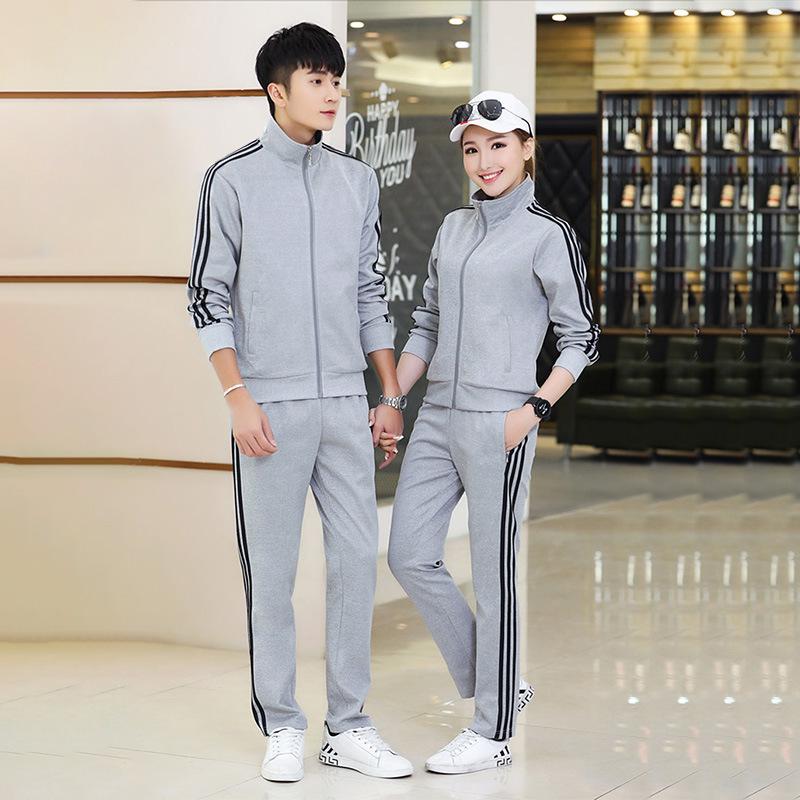 

Мужской повседневный спортивный костюм в корейском стиле: Весенне-осенний свитер с тремя полосками, куртка и брюки — унисекс, свободный крой, комплект из двух предметов. XL серый