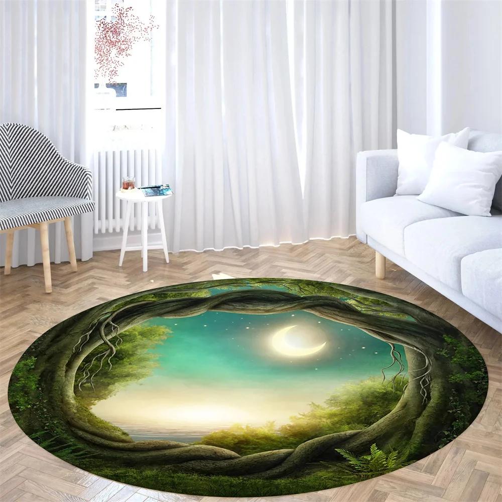 Forest Tree Landscape Print Round Carpet Non-slip Floor Mat Soft Indoor Circle Area Rug for Living Room Bedroom Dorm Kitchen
