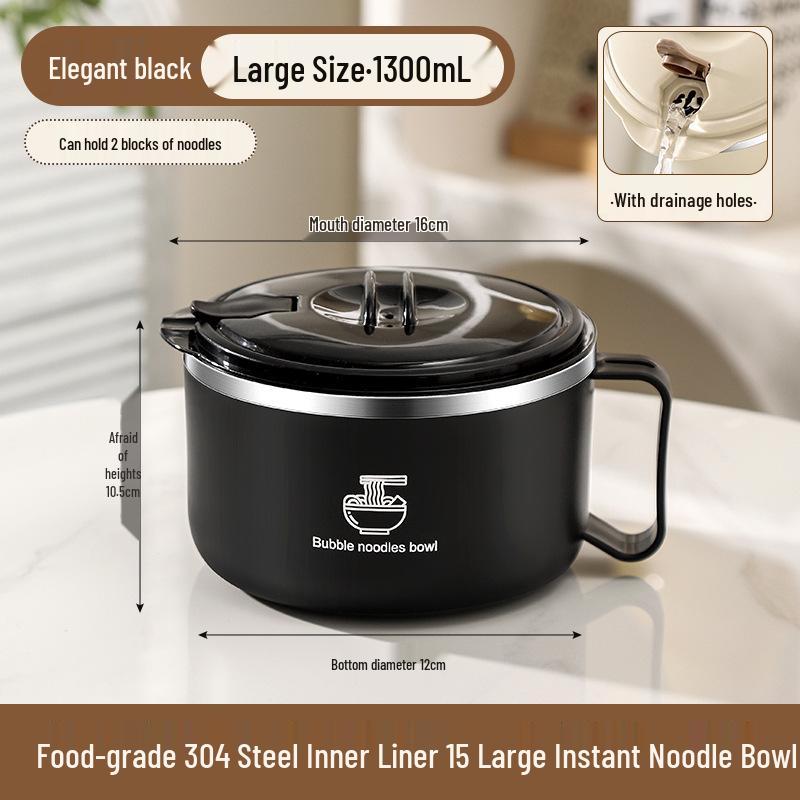 304 Stainless Steel Noodle Bowl with Lid: Large Capacity, Water-Draining for Dorm, Office, or Canteen