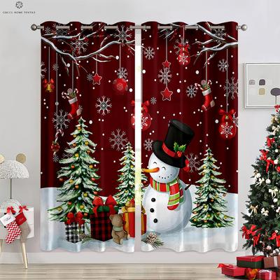 Merry Christmas Snowman Ball 3D Printed Curtain Bedroom Restaurant Festival Party Decoration Curtain Gift 2 Pieces