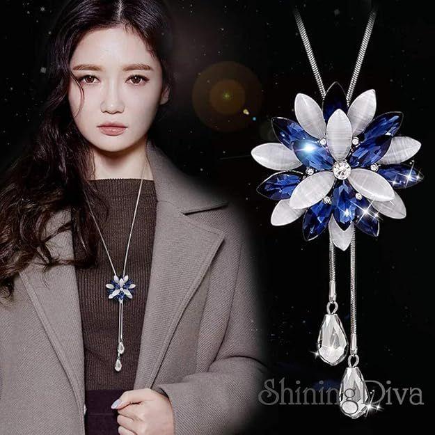 Shining Diva Fashion Stylish Crystal Flower Silver Plated Long Chain Pendant Necklace for Women