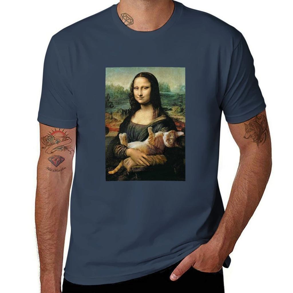 Mona Lisa Holding A Cat Tshirt Plus Size Summer Short Sleeve Tshirt