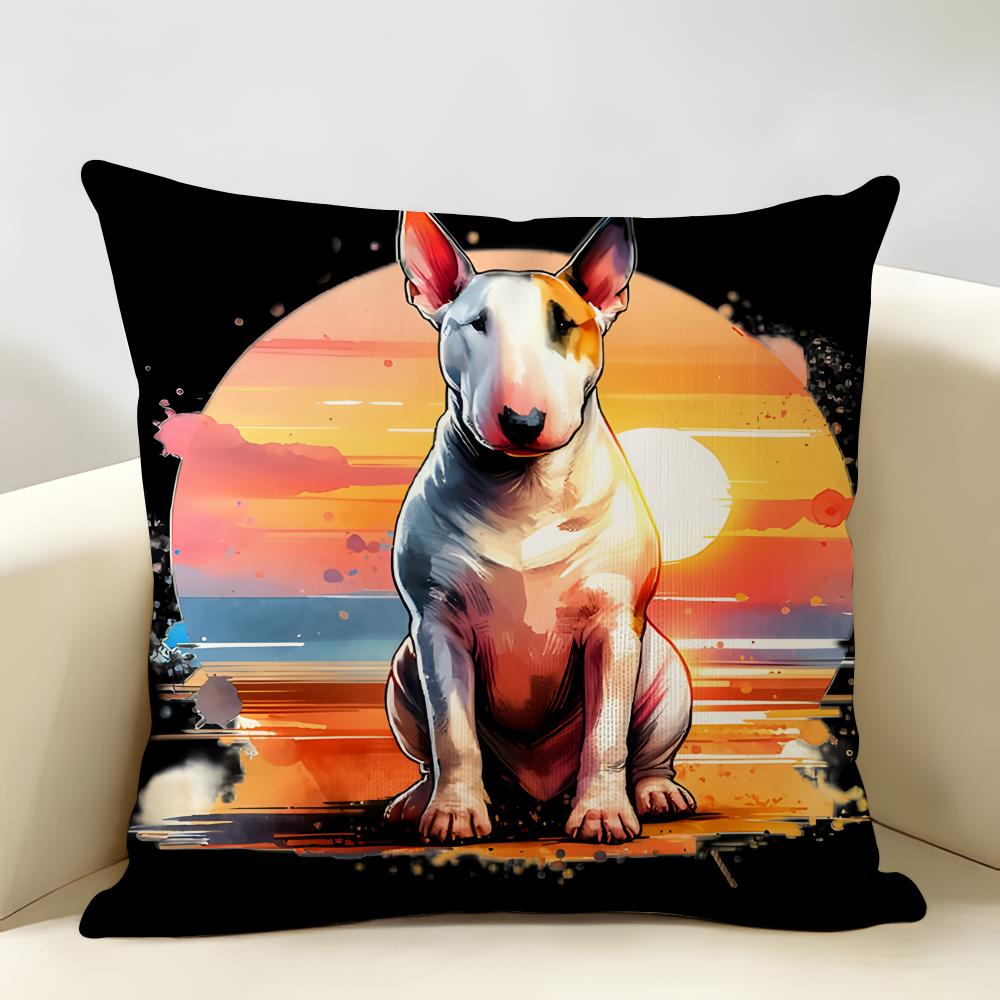 Housse de Coussin Série Bull Terrier Dessin Animé Lin Naturel Tissu Biologique Impression Double Face Décoration de Chambre Canapé Housse de Coussin