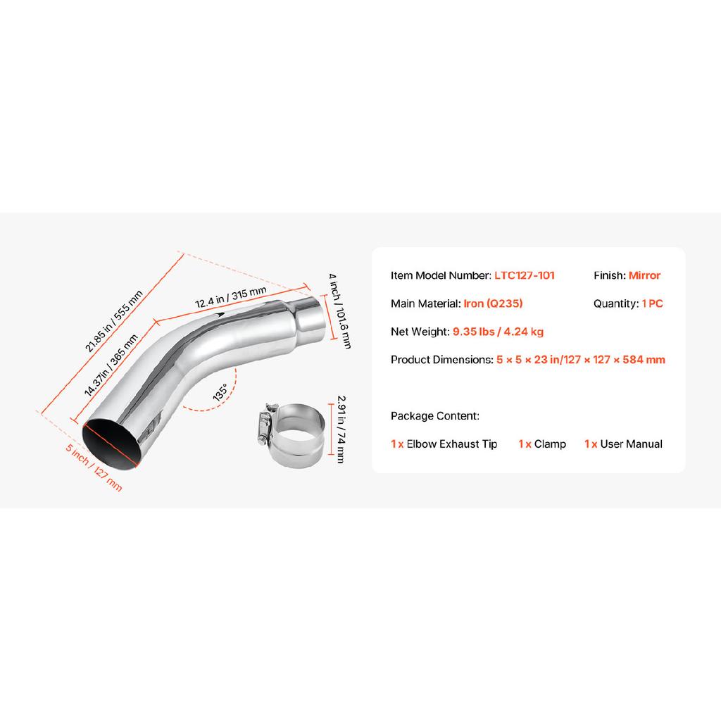 SucceBuy Elbow Exhaust Tip Chrome Turn Down Exhaust Tip w/ Clamp for Truck Car Chrome Structure for High Temperature Resistance