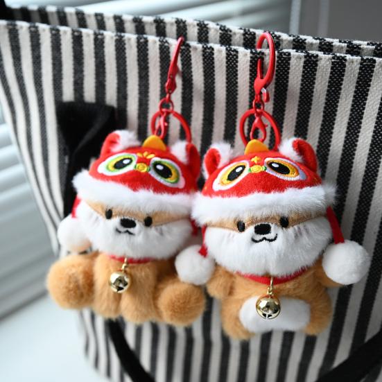 Plush Pendant Lion Dance Dog Keychain Soft Plush Doll Ornament with Hat And Bell Pendant