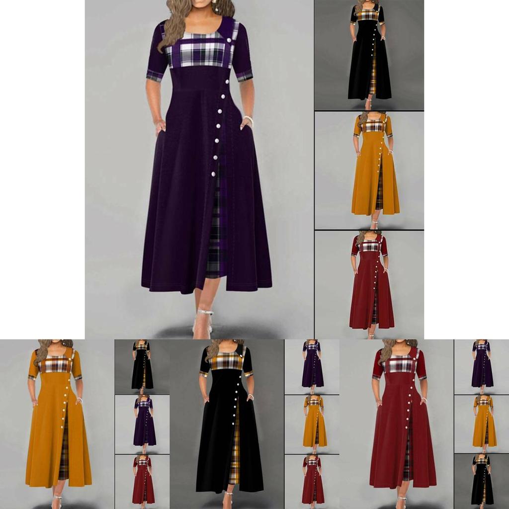 Casual Women Irregular Plaids Button Maxi Dress Half Sleeve Plus Dress Size