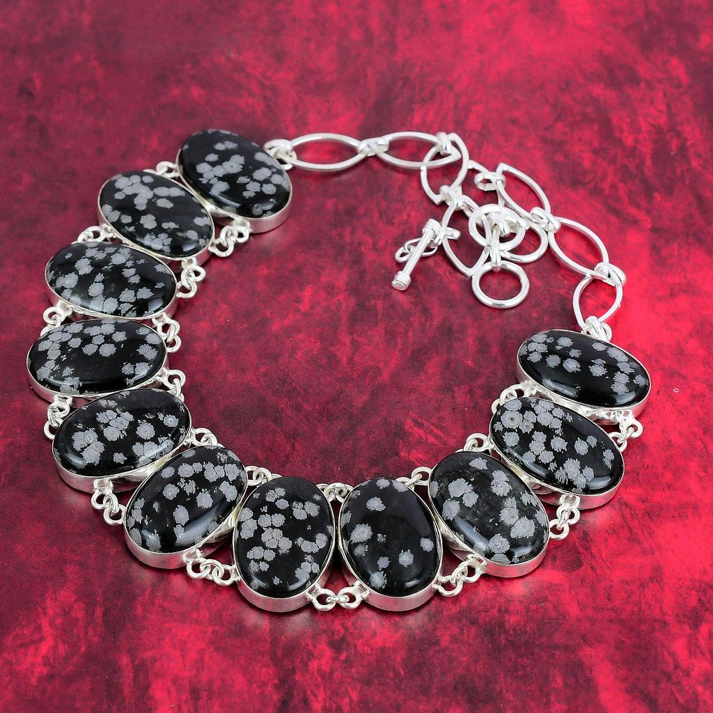 Bijuterii cu pietre prețioase obsidiane fulgi de nea, brățară și colier din argint solid 925, set de bijuterii obsidian, bijuterii orbitoare realizate manual pentru dragoste