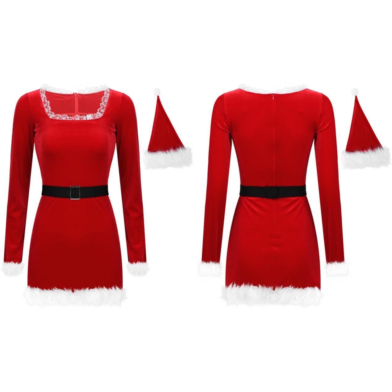 

Women s Santa Claus Costume Adult Christmas Costume Red Dress And Belt Hat XL красный