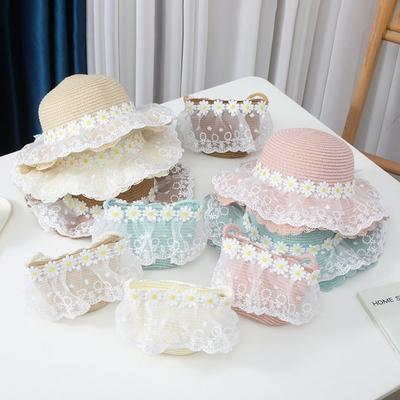 Lace Children Beach Straw Hat Wide Brim Sun Hat Outdoor Straw Bag Cap Set  for 2-8 Years Kids