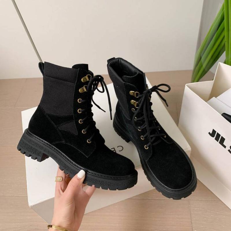 New women's leather boots leather lace-up thick-soled non-slip low boots autumn and winter mid-heel square heel cowhide Martin boots women